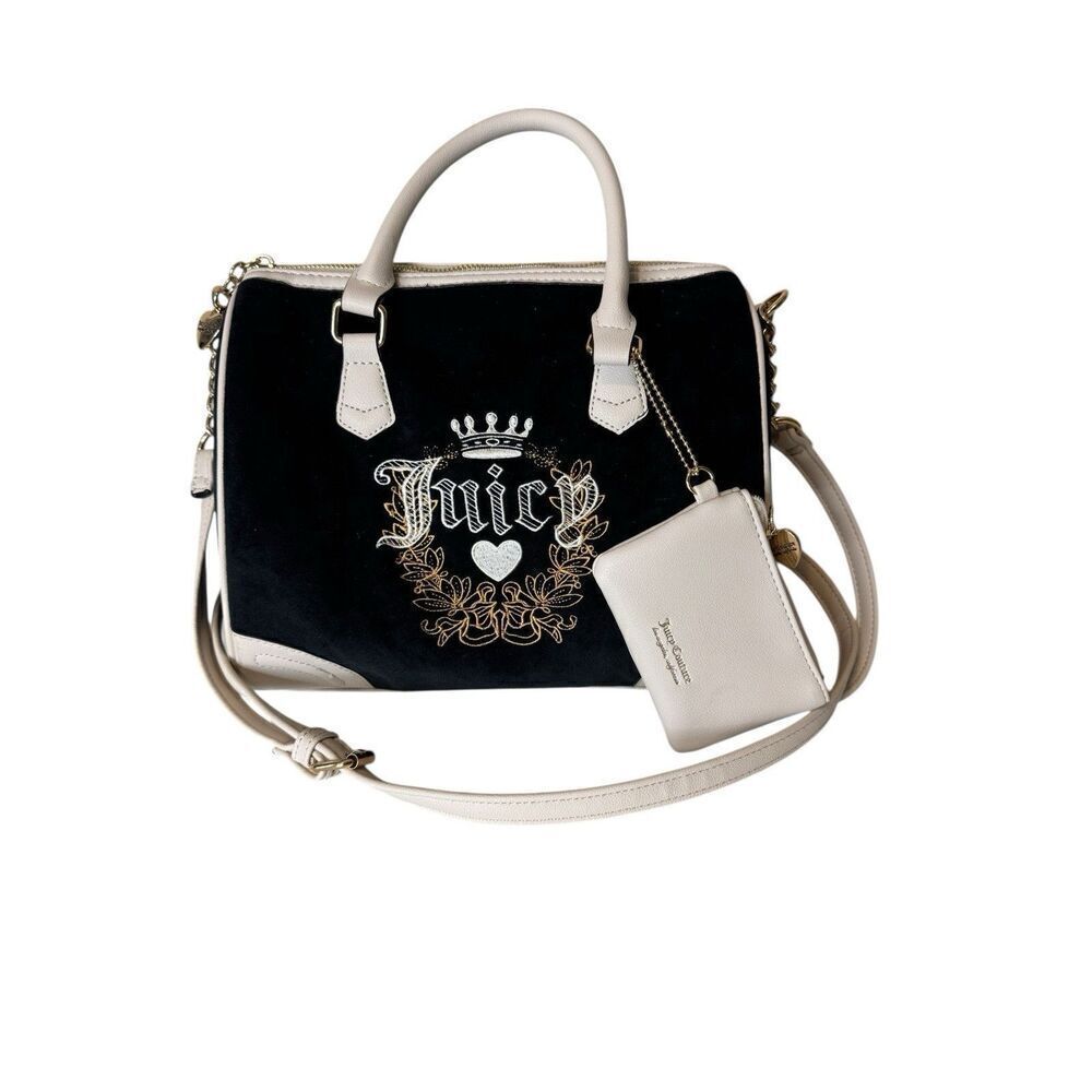 Juicy Couture Velour Heritage Satchel Purse Bag Black White Liquorice Angel Y2K